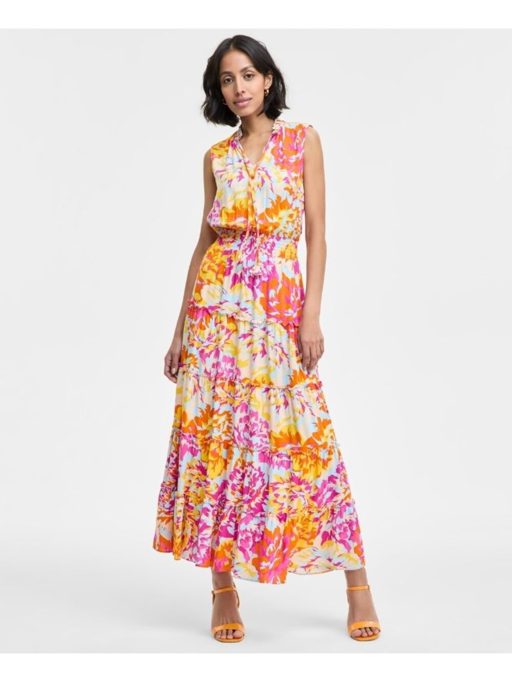 MSK Women's Rayon Floral Ruffle-Collar Tiered Maxi Dress Pink Orange Size L $79